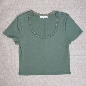Anistar | Green Lace Trim Ribbed Crop Top | Medium